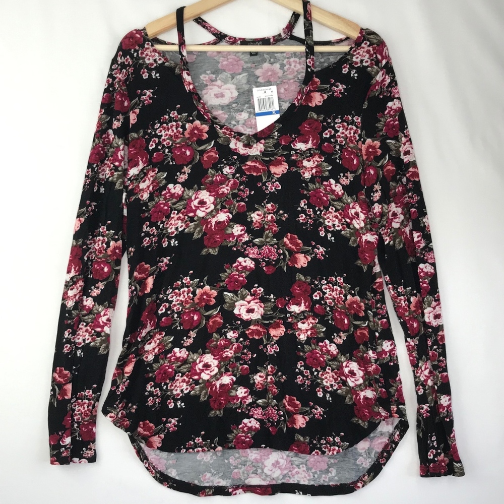 Ultra Flirt Rose Print Cold Collar LS Knit Top XL